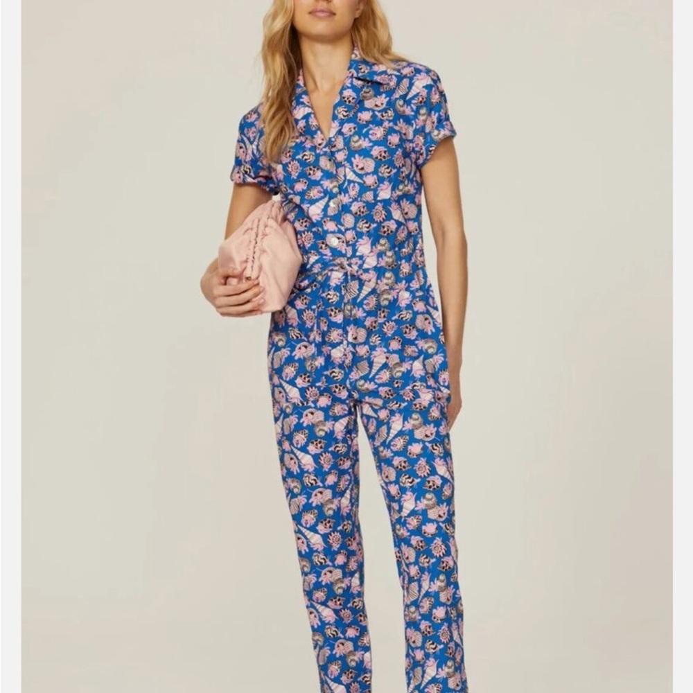 Rachel Antonoff Blue Floral Short-Sleeve Jumpsuit